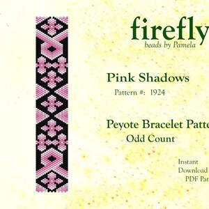 May include: Pink and black peyote stitch beading pattern for a bracelet. The pattern is called "Pink Shadows" and is pattern number 1924. The pattern is for an odd count peyote bracelet.