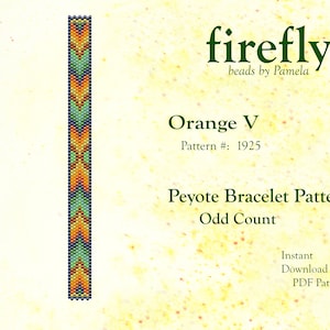 May include: A beaded bracelet pattern for peyote stitch, called "Orange V" with pattern number 1925. The pattern is for an odd count bracelet. The image shows a beaded bracelet in orange, yellow, green, and blue.