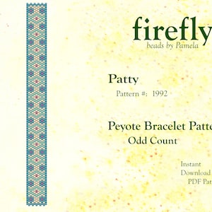 Peut inclure: Un modèle de bracelet Peyote appelé "Patty" par Firefly beads by Pamela. Le modèle est le numéro 1992 et est un modèle à nombre impair. Le modèle est pour un bracelet avec un design bleu, blanc et rose.