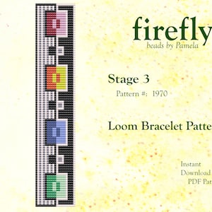 Peut inclure: Un motif de bracelet à tisser coloré sur fond noir et blanc. Le motif est pour l'étape 3 et est numéroté 1970. Le texte "firefly beads by Pamela" est en haut de l'image.