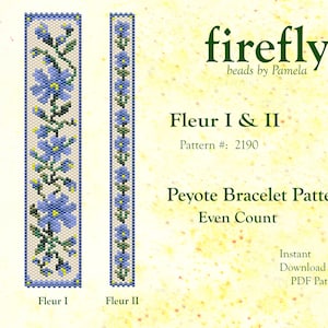 May include: A beading pattern for a peyote stitch bracelet called "Fleur I & II" with an even count. The pattern is for a bracelet with a floral design. The pattern is available as an instant download PDF.