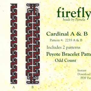 May include: A digital pattern for a Peyote bracelet, labeled "Cardinal A & B." The design features red, black, and white beadwork in a geometric pattern. The image includes the text "firefly beads by Pamela."