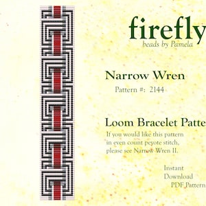 May include: A black and white loom bracelet pattern with a red stripe down the center. The pattern is called "Narrow Wren" and the pattern number is 2144. The text "firefly beads by Pamela" is at the top of the image.