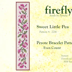 May include: A beaded peyote bracelet pattern with a floral design. The pattern features pink flowers, green leaves, and red accents. The text on the image reads "Sweet Little Pea" and "Peyote Bracelet Pattern".
