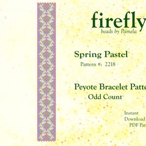 May include: A digital pattern for a Peyote bracelet, titled "Spring Pastel." The design features a repeating pattern of pastel colours, including pink, blue, and green. The pattern is an odd count, and the image includes the "firefly beads by Pamela" logo.