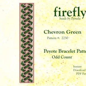 May include: A digital pattern for a Peyote bracelet with a Chevron Green design. The pattern features a repeating zigzag pattern in green and pink, with the text "firefly beads by Pamela". The pattern number is 2230.