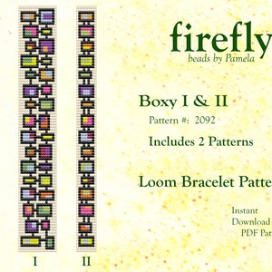 May include: Two loom bracelet patterns, Boxy I & II, with colorful geometric designs. The patterns are for loom bracelets and are available as an instant download PDF pattern. The pattern number is 2092.