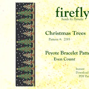 May include: A beading pattern for a Christmas tree bracelet. The pattern is called "Christmas Trees" and is pattern number 2193. It is a peyote bracelet pattern with an even count. The pattern is available as an instant download PDF.