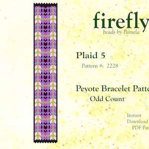 May include: A colorful Peyote bracelet pattern design, featuring a plaid pattern in black, pink, purple, gold, and light blue. The design is labeled "Plaid 5" with pattern number 2228. The text "firefly beads by Pamela" is also visible.