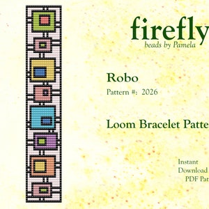 Peut inclure: Un motif de bracelet à tisser coloré appelé "Robo" avec un numéro de motif 2026. Le motif est conçu par Firefly beads by Pamela.