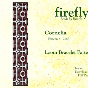 May include: A loom bracelet pattern called "Cornelia" with a geometric design in red, white, and black. The pattern is number 2162 and is available as an instant download PDF pattern from Firefly beads by Pamela.