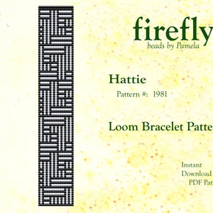 May include: Black and white loom bracelet pattern, called "Hattie", pattern number 1981, by Firefly beads by Pamela. Instant download PDF pattern.