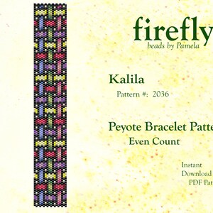May include: A colorful peyote stitch bracelet pattern called "Kalila" by Firefly beads by Pamela. The pattern is for an even count peyote bracelet and is pattern number 2036. The pattern is available for instant download as a PDF.