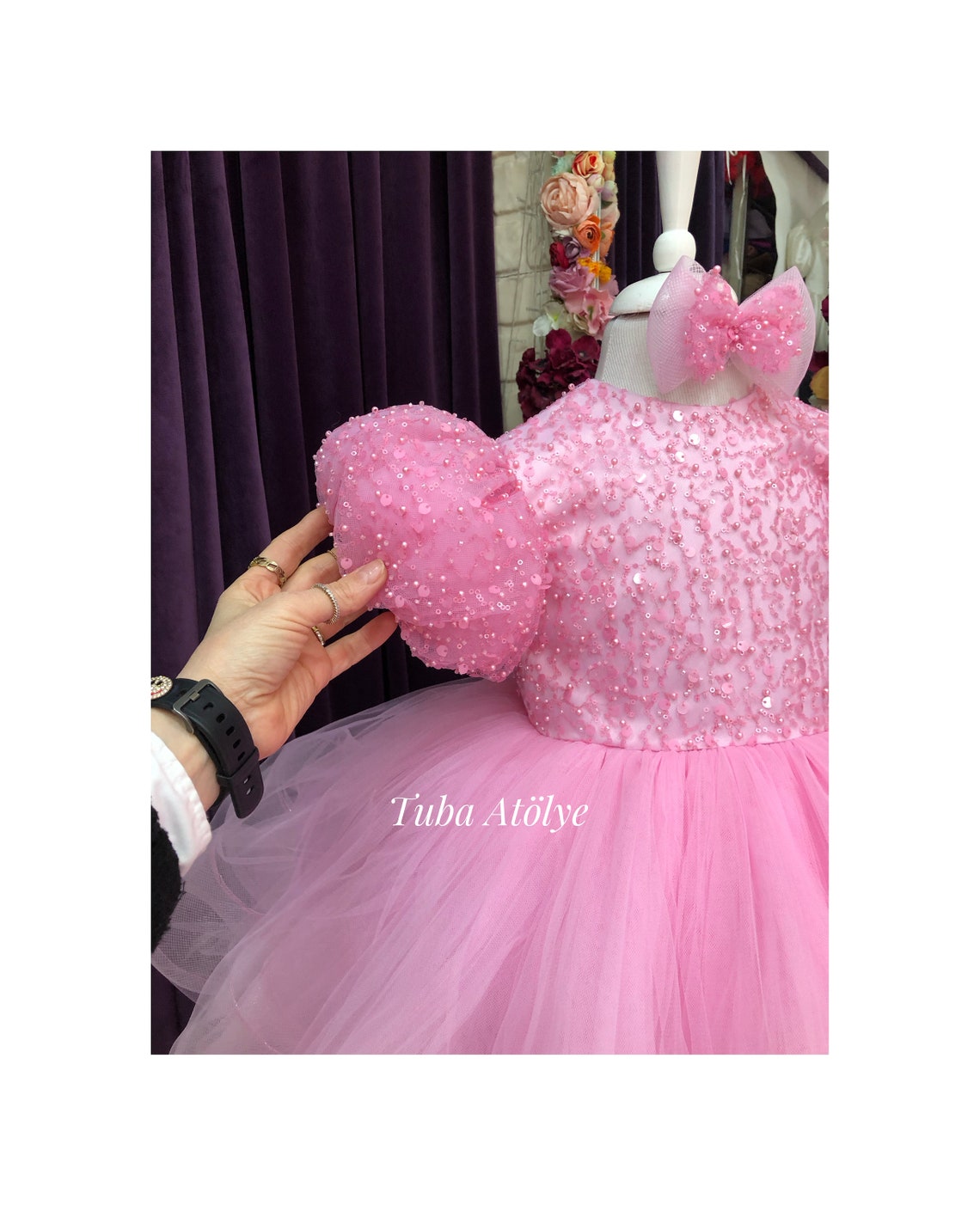 Girls Pink Mesh Princess Dress Sleeveless Puffy Dress Sequin Birthday  Dress