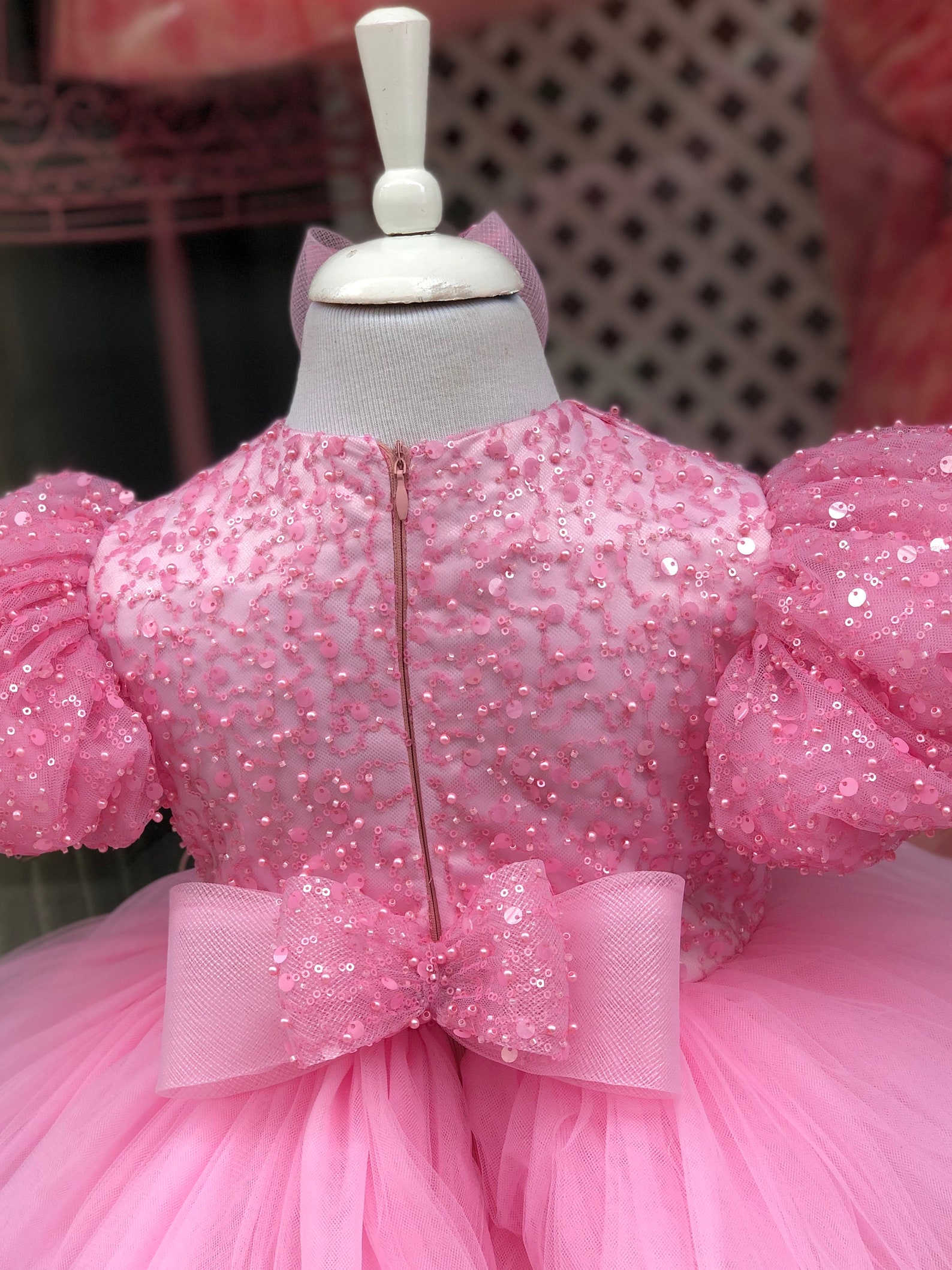 Baby Girl Puffy Princess Dress with Bow, Pink