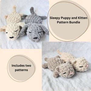 Puede incluir: Dos patrones de crochet para un cachorro y un gatito dormidos. Los patrones incluyen instrucciones para hacer un cachorro gris y un gatito beige.