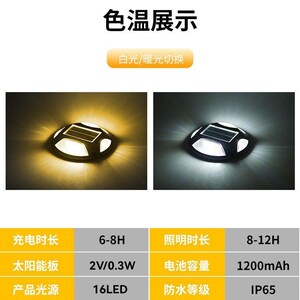 May include: A round solar-powered LED ground light with a black frame and a central solar panel. The light emits either a warm yellow or a cool white glow. A technical chart lists specifications including a 1200mAh battery, 16 LEDs, and IP65 rating.
