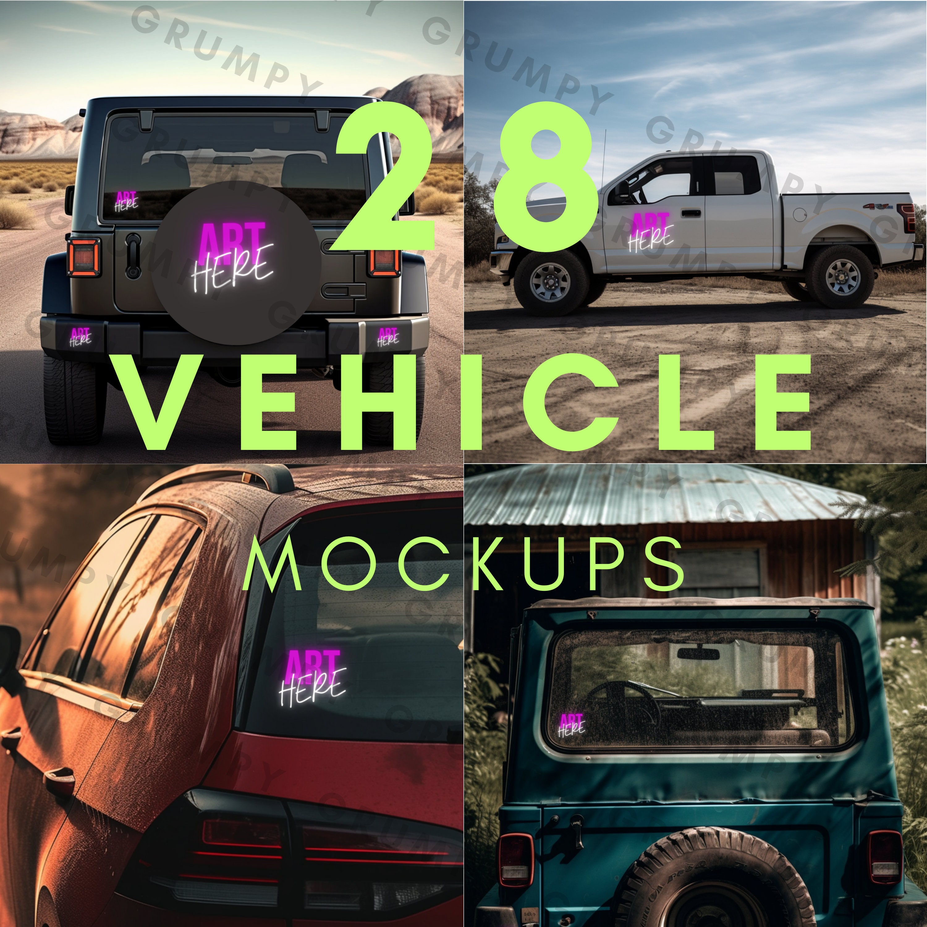 Car Decal Mockup of Back Window, Side Window, Spare Tire, Bumper Stock