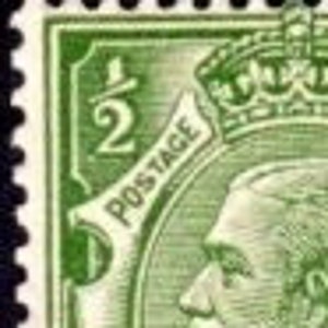 May include: A green postage stamp with a portrait of King George V and the text "2 Postage 2 Revenue Halfpenny".