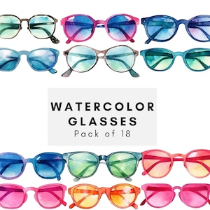 Set of 18, Watercolor Summer glasses cliparts | No background | Multi style & colors | For print | Download PNG | Commercial Use | Bundle