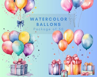 Watercolor Balloons Clipart: 50 Festive Party Elements (PNG Download)