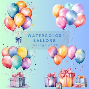 Clipart palloncini acquerello / Colorati e festivi / Elementi di compleanno / Decorazioni per feste / Alta qualità / Uso commerciale / Download PNG
