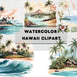 Watercolor Hawaii Clipart Set: Tropical Island Illustrations (PNG)