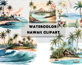 Watercolor Hawaii Clipart Set: Tropical Island Illustrations (PNG)