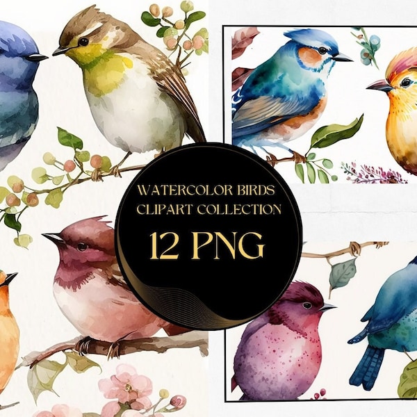 Watercolor Flowers Birds Clipart - Birds On Branch, Spring cute birds and blossoms PNG format instant download for commercial use