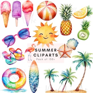 May include: A set of watercolor summer clip art illustrations. The set includes a pineapple, a kiwi, a lemon, a beach ball, a surfboard, a flamingo, a sun, sunglasses, ice cream cones, popsicles, flip flops, a seashell, a starfish, and palm trees. The text "SUMMER CLIPARTS Pack of 130+ " is included in the image.