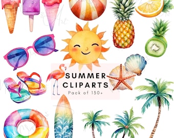 Watercolor Summer Clipart: Beach, Fruits, Sea Elements (PNG)