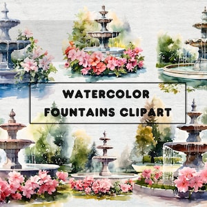 Watercolor Fountains Clipart - Floral Fountain - Park Fountain - PNG format instant download for commercial use