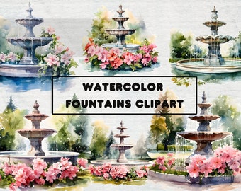 Imágenes prediseñadas de fuentes de acuarela - Fuente floral - Fuente del parque - Descarga instantánea en formato PNG para uso comercial