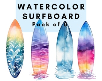 May include: Set of eight watercolour surfboard illustrations. The surfboards are painted in various colours, including blue, purple, pink, and yellow. Each surfboard has a unique design, including waves, clouds, and a tropical leaf pattern. The text "Watercolor Surfboard Pack of 8" is displayed above the surfboards.