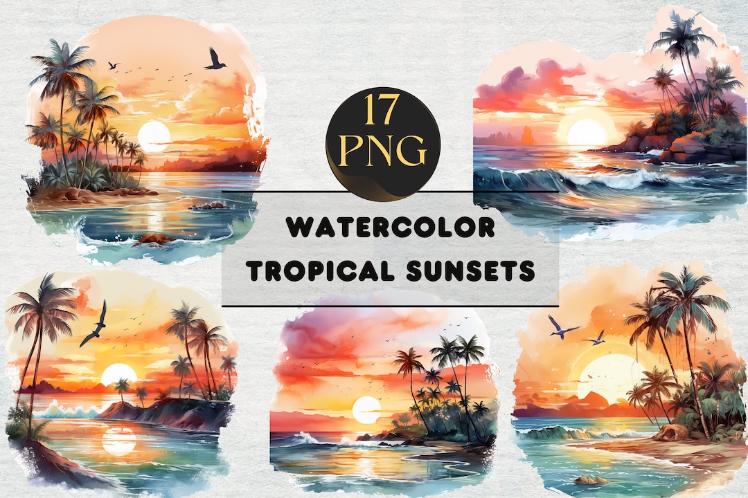 17 Watercolor Tropical Sunsets | Beach Sunset Illustrations | High ...