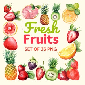Set of 36 Watercolor Fresh Fruits Clipart | Fruit PNG Elements Download | Strawberries, pineapple, kiwi | Commercial Use | Instant Download