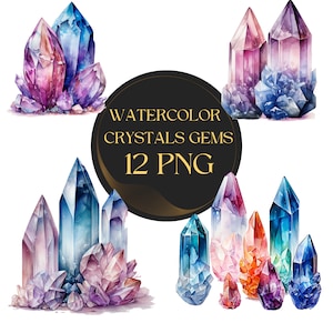 Watercolor Crystal Clipart: Mystical Gemstone PNG Images (Commercial Use)