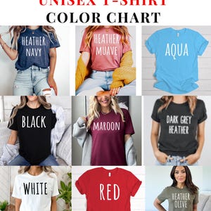 Puede incluir: Carta de colores para camisetas unisex Bella Canvas. La carta muestra 10 colores diferentes: Heather Navy, Heather Muave, Aqua, Negro, Marr&oacute;n, Heather Gris Oscuro, Blanco, Rojo y Heather Olive.