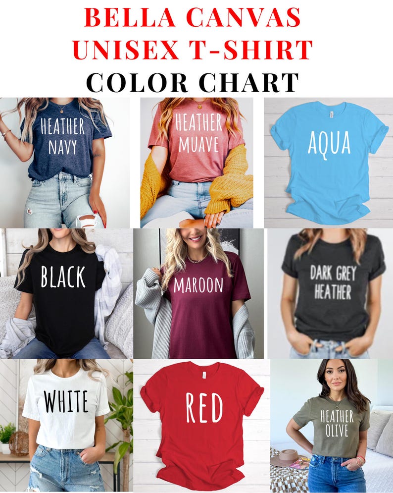 Puede incluir: Carta de colores para camisetas unisex Bella Canvas. La carta muestra 10 colores diferentes: Heather Navy, Heather Muave, Aqua, Negro, Marr&oacute;n, Heather Gris Oscuro, Blanco, Rojo y Heather Olive.