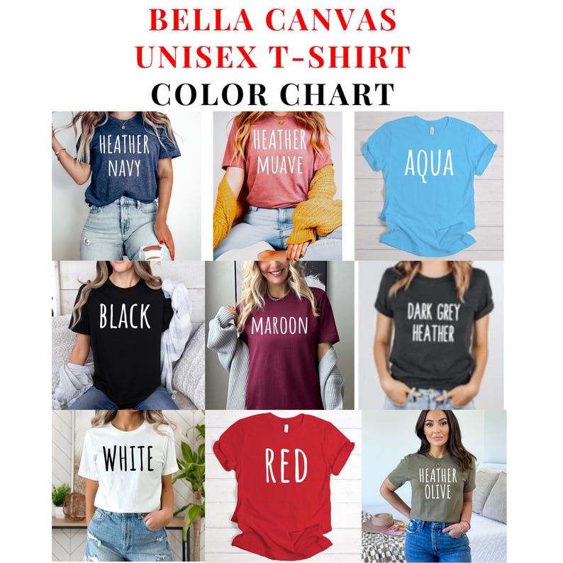 Peut inclure: Nuancier de couleurs pour t-shirts unisexes Bella Canvas. Le nuancier pr&eacute;sente neuf couleurs diff&eacute;rentes&nbsp;: bleu marine chin&eacute;, mauve chin&eacute;, aqua, noir, bordeaux, gris fonc&eacute; chin&eacute;, blanc, rouge et olive chin&eacute;.