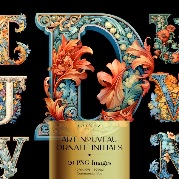 Art Nouveau Alphabet Clipart Bundle, illuminated initials, PNG File Download