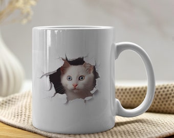 Enveloppements de tasse 3D : Chat curieux sur votre tasse - Conception par sublimation (11 et 15 oz)