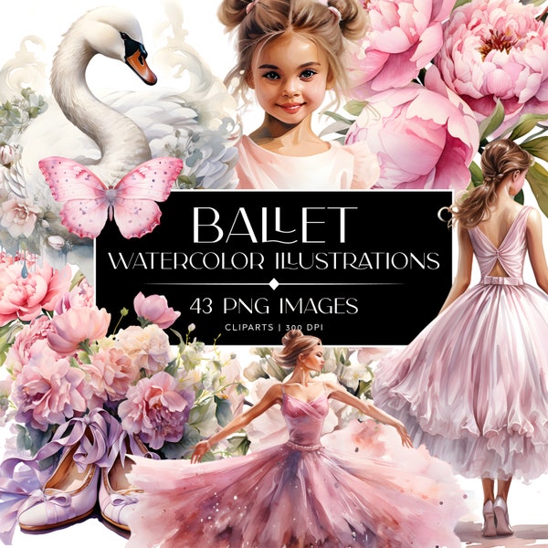 43 Ballet Watercolor Illustrations Bundle - Digital Art of Girls, Ballet Shoes, Swans, Flowers - Home Decor, Invitations, Unique Gift