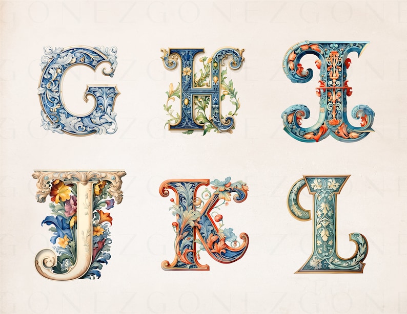Art Nouveau Alphabet Clipart Bundle Illuminated Initials Png Etsy