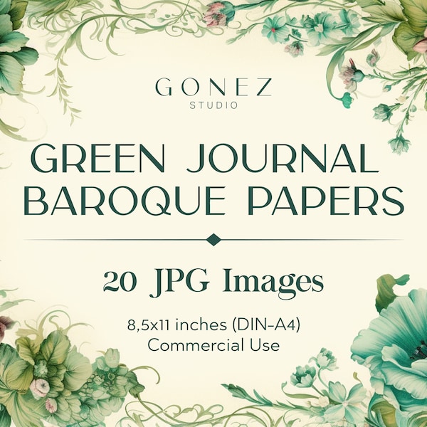 20 Green Junk Journal Baroque Paper, digital notebooking paper journal pages rococo printable, A4 paper, Instant Digital Download