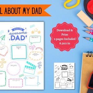Op de afbeelding: Een afdrukbaar "All About My Dad" activiteitenvellen met kleurrijke krabbels en invulsecties. Het ontwerp bevat de tekst "You're awesome DAD" en is 8,5x11 inch groot. Bevat een kleinere versie van het vel.