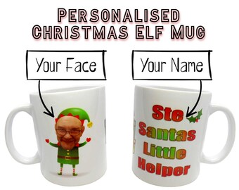 Taza de elfo navideño personalizada: tu nombre y foto de tu rostro: regalo personalizado único: taza de cerámica de calidad para té, café o chocolate
