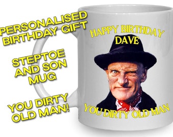 Taza personalizada de regalo de cumpleaños para padrastro e hijo, feliz cumpleaños, viejo sucio, taza de cerámica personalizada.