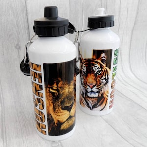 Personalised Animal Water Bottle - Customised Wild Design Drinking Cup With Your Name and Choice of Lion, Tiger, Elephant, Gorilla and more