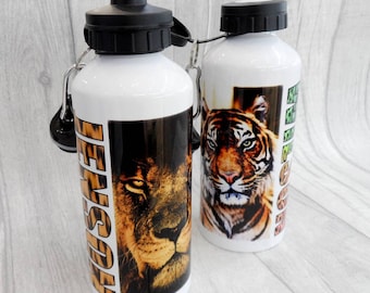 Botella de agua con diseño de animal personalizada: taza para beber con diseño salvaje personalizada con su nombre y elección de león, tigre, elefante, gorila y más